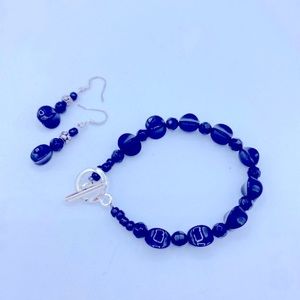 Handmade Black Glass Abstract Bead Bracelet And Earrings Set